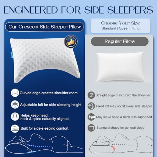 Side Sleeper Pillows for Neck & Shoulder Comfort - Ergonomic Curved Crescent Design, Adjustable Shredded Memory Foam, Cooling & Soft Cover, Extra Fill Included, King Size