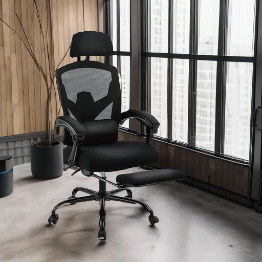 Simple Deluxe Home Office Desk Chair with Footrest, High-Back Mesh Rolling Swivel Reclining Chairs with Wheels, Comfortable Headrest, Lumbar Support, Comfy Arms