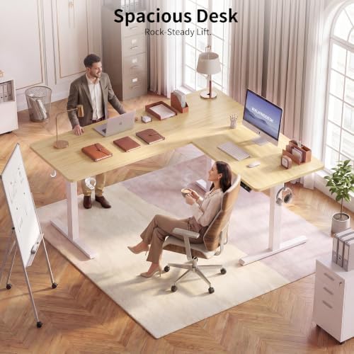 WALKINGDESK Reversible L Shaped Standing Desk Height Adjustable with Cup Holder, Electric Corner Computer Desk, Sit Stand up Home Office Desk, Ergonomic Gaming Desk, White Oak, 55X45 Inches