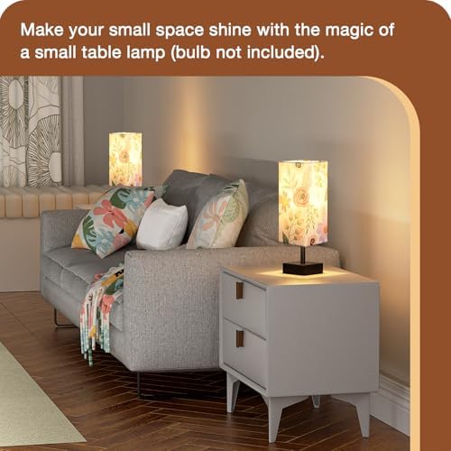 aooshine Small Bedside Table Lamp for Bedroom - Square Floral Fabric Shade