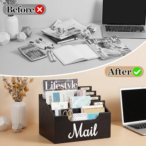 Rustic Wood Mail Organizer Countertop with 4 Slots, Black Mail Holder for Desk, Removable Dividers Mail Sorter, Letter Bill File Organizer for Home Office Classroom, Desktop Organizer with Free Labels