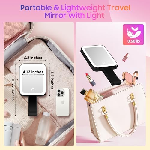 GOMIPURU Magnifying Travel Mirror with Light, 30X/1X Double-Sided Magnifying Mirror with 3 Color Lights, Brightness Adjustable, Foldable Handheld Makeup Mirrors Portable for Travel and Desktop, Dark