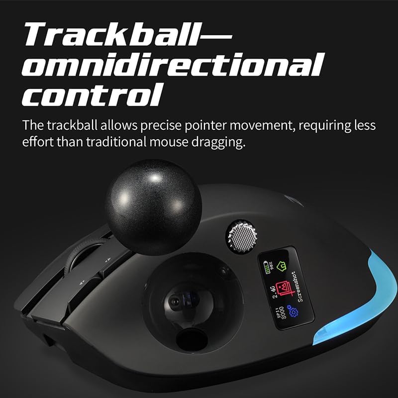Wireless Mouse – 2.4GHz + Bluetooth Dual Mode Connection, 8 Programmable Buttons, 8000 CPI Adjustable, Trackball Design, with Display Screen, Ergonomic Tilt Angle, For Windows, macOS, Android, Linux