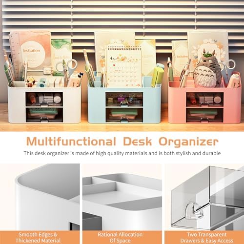 Cayxenful Pencil Pen Holder for Desk,2 Drawer Desk Organizers,5 Compartments Desktop Storage Stationery Supplies Organizer, Cute Pencil Cup Pot For Office, School, Home(White)