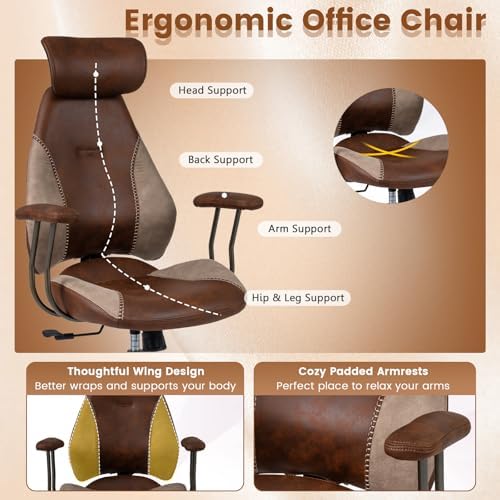 GIANTEX Ergonomic Office Chair, Mid Century Modern Faux Fur Computer Desk Chair with 2D Headrest, Rocking Backrest & Wheels, Vintage High Back Rolling Chair for Executive, Brown