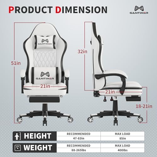 Gamtimer Gaming Chair with Footrest, Ergonomic Computer Chair, PU Breathable Material with Headrest and Lumbar Support, Suitable for Silla Gamer and Adults (White)