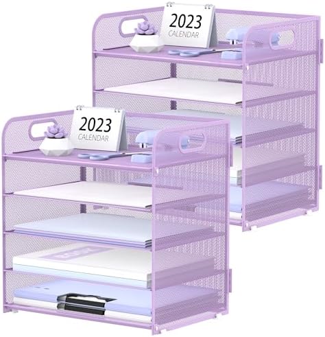 2 Pack 5-Tier Purple Desk Organizer with Handle Mesh Desk File/Paper Organizer Letter Tray for Office, School and Home Easy Installation Purple Office Supplies