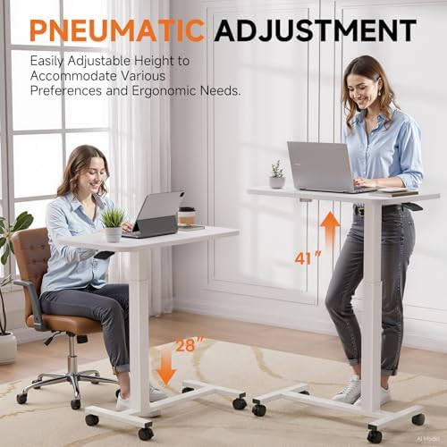 GTPLAYER Small Standing Desk with Lockable Wheels, Pneumatic Mobile Rolling Laptop Desk,Adjustable Height Overbed Bedside Table Computer Workstation for Home Office (32" W x 18" D, White)