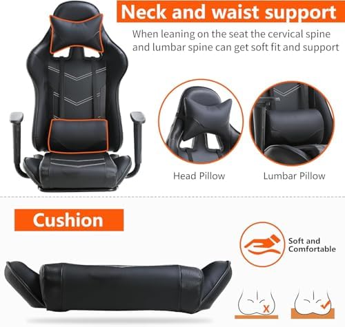 PC Gaming Chair with Footrest, Ergonomic Home Office Chair with Lumbar Support & Headrest Pillow, Black