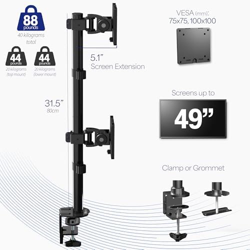 VIVO Dual Vertically Stacked Ultra-Wide Monitor Desk Mount for up to 49 inch Ultrawide Screens, Extra Tall Heavy Duty Adjustable Stand Holds 44 lbs Per Screen, Black, STAND-V202R