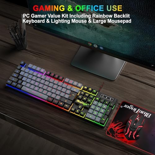 BlueFinger RGB Gaming Keyboard and Backlit Mouse Combo, USB Wired, LED Gaming Set for Laptop PC Computer Game and Work(Black & Gray)