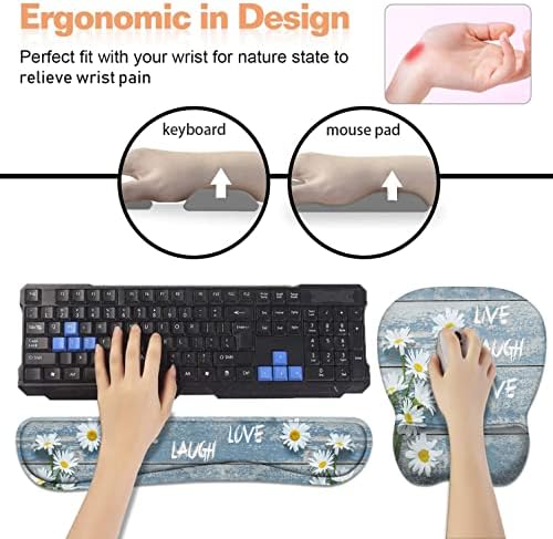 Mouse Pad Wrist Support and Keyboard Wrist Rest Set with Coasters, Dreamy Daisy Vintage Wood Board Live Love Laugh with Non-Slip PU Base Ergonomic Mousepad for Home Office Working Studying