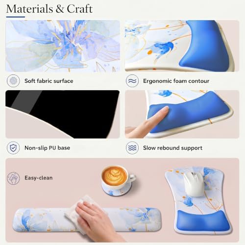 Gel Mouse Pad & Memory Foam Keyboard Wrist Rest Set, Blue Floral