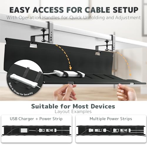 No Drill Under Desk Cable Management Tray - 36" Clamp/Screw Desk Cord Management, Premium Fabric Cable Racyway for Office & Home