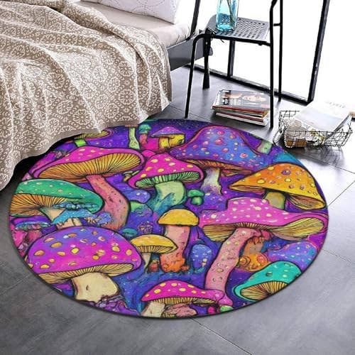 Machine Washable Modern Round Area Rug, Room Sofa Yoga Soft Round Carpet, Home Decor Non Slip Kitchen Office Circle Rug Trippy Colorful Mushrooms Magic Art, 60inch