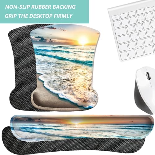 Keyboard Wrist Rest Pad Mouse Pad with Wrist Support Set of 3, Gaming Mousepad with Non-Slip Rubber Base, Ergonomic Memory Foam Mouse Cushion Support for Home Office Laptop Computer, Beach