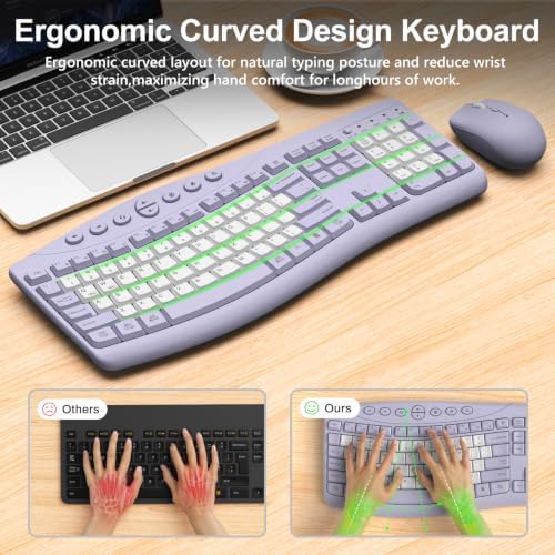 Wireless Keyboard and Mouse Combo, Quiet Ergonomic Curved Keys(Purple-B)