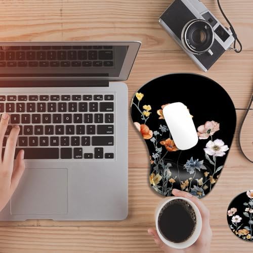 Ergonomic Mouse Pad with Wrist Rest,Comfortable Computer Gel Mouse Pad Wrist Support for Laptop,Pain Relief Mousepad with Non-Slip PU Base Cute Floral