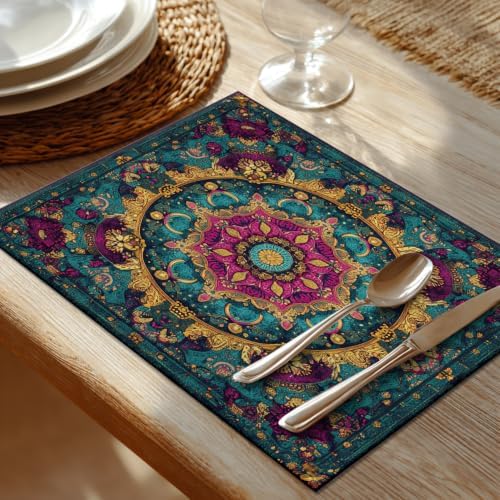 Shrahala Exotic Rich Color Placemats, Ornate Details Swirling Forms Table Mat Linen Burlap Washable Double-Deck Heat Insulation for Dining/Kitchen Table Set of 8 (12 X 18 Inch)