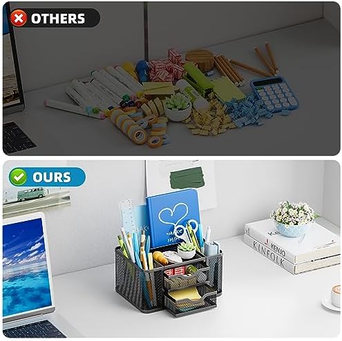 Marbrasse Mesh Desk Organizer, Pen Organizer with 2 Drawer, Multi-Functional Pencil Holder, Desk Organizers and Accessories with 5 Compartments + Drawer for Office Art Supplies (Black)