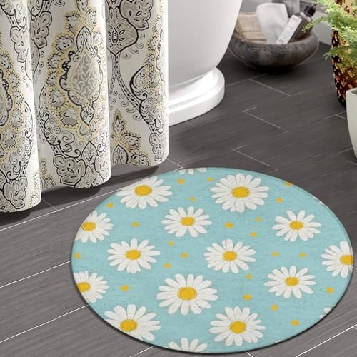 Women's Large Home Decor Mat, Soft Round Yoga Carpet, Non Slip Machine Washable Home Office Circle Rug Daisy Flowers