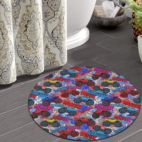 Large Home Decor Mat, Soft Round Yoga Carpet, Non Slip Machine Washable Home Office Circle Rug Monster Truck Car Grunge, 60inch