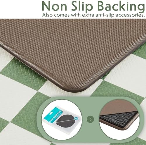 Ohocut Checkered Kitchen Mats for Floor Set of 2, 2 Pcs Sage Green Cushioned Non Slip Runner Rugs for Kitchen/Sink/Laundry, Comfort Aesthetic Cute Anti-Fatigue Foam Floor Mat 17.3"x29.5"+17.3"x47.2"