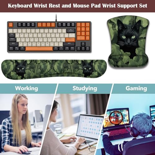 Keyboard Wrist Rest and Mouse Pad Wrist Support with Lace-Shaped Coaster Set, Ergonomic Gel Memory Foam and Anti-Slip Base, Easy Typing and Pain Relief - Black Cat
