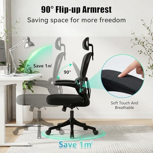 Ergonomic Office Chair with Dynamic Lumbar Support & Adjustable Headrest – High Back Desk Chair with 90° Flip-up Arms, Comfort Mesh Computer Chair for Home Office Long Hours Sitting, Black