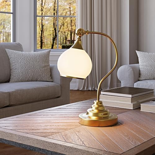 Vintage Cordless Lamp, Gold Desk Lamp, Milky Glass Rechargeable Table Lamp