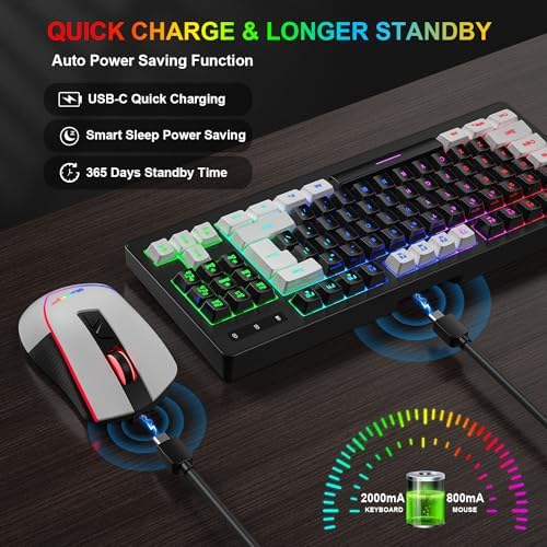 BlueFinger Wireless Gaming Keyboard and Mouse Combo, RGB Rainbow Backlit Rechargeable Battery, 87 Keys TKL Light Up Keyboard with Ergonomic Gaming Mouse for Mac Laptop Computer PC Gamer(White & Black)