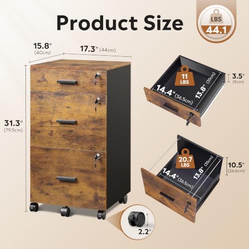 DEVAISE 3 Drawer Wood Filing Cabinet with Upgrade to 3 Individual Locks