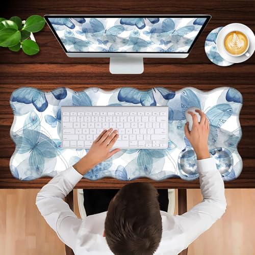 Mouse Pad with Wrist Support + Desk Mat + Coaster 3 in 1 Set, XL Large Gaming Mousepad Ergonomic Mouse Pads for Desk Computer Laptop Office,Blue Butterfly