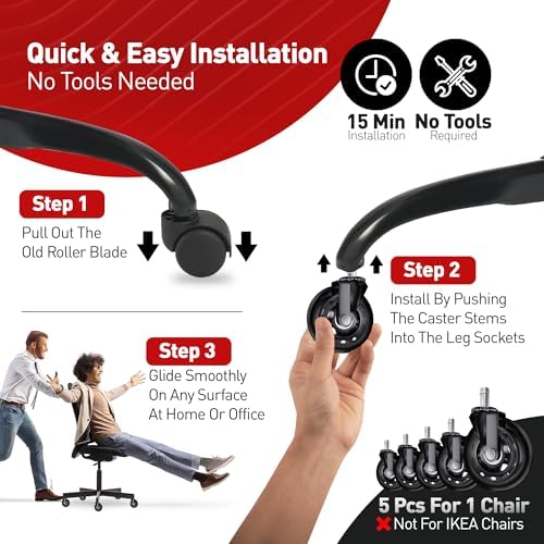 RIVEDA Office Chair Caster Wheels Set of 5 - Smooth 3 inch Heavy-Duty Replacement Rubber Wheels for Gaming & Desk Chair - Easy to Install, Suitable for Hardwood Floors, Carpet, Tiles (Black)
