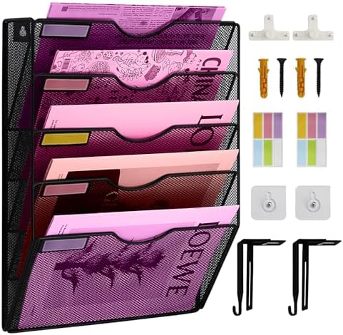5 Pockets Mesh Wall File Holder Organizer Office Hanging File Folder Magazine Rack, Nametag Label Hooks Set Included (Black)