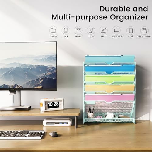 Hanging Wall File Organizer, 6-Tier Desk Organizer with Metal Mesh