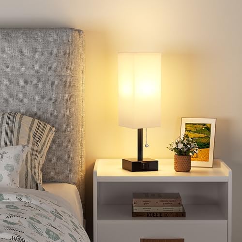 White Bedside Table Lamp for Bedroom - Desk Lamp For Nightstand, USB C+A