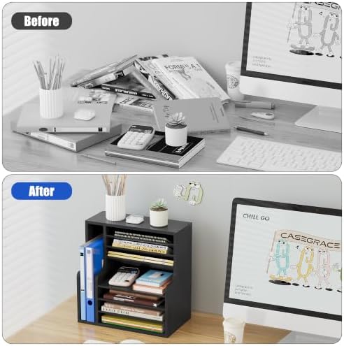Wood Desktop File Holder Organizer Mail Sorter for File Folders, Mails, Envelopes or Magazines, 8 Compartments (Black)