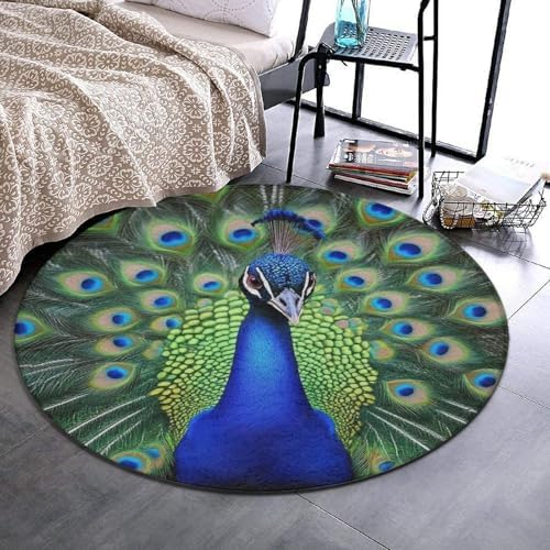 Machine Washable Modern Round Area Rug, Room Sofa Yoga Soft Round Carpet, Home Decor Non Slip Kitchen Office Circle Rug Peacock Feather, 60inch