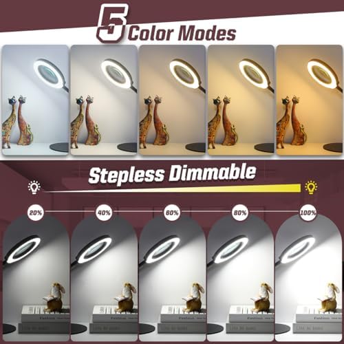 10X Magnifying Glass with Light and Stand, 16.5in Flexible Goose-Neck, 5 Color Modes Stepless Dimmable LED Lighted Desk Lamp, Hands Free Magnifier for Crafting Hobby Painting Close Work - Black
