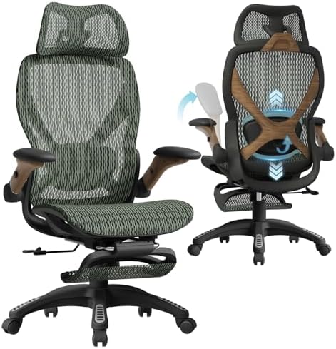 ELABEST X100 Ergonomic Mesh Office Chair with Footrest, Big and Tall Home Desk Chair with 5D Flip-Up Arms, Adjustable 3D Lumbar Support, Gaming & Executive Computer Chair