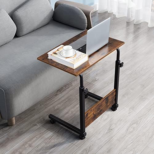 Standing Desk - Side Table Adjustable Height, Portable Laptop Cart, C-Shaped Bed Couch end Tables with Edge Stopper - Wheels for Living Room Bedroom Walking Pad Treadmill 23.6Inch Brown