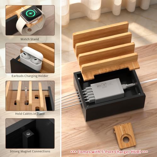 Pezin & Hulin Bamboo Charging Station with USB Charger&Cables-Natural+Black