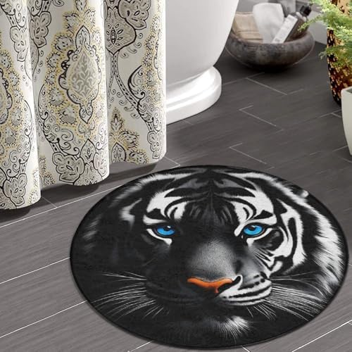 Large Home Decor Mat, Soft Round Yoga Carpet, Non Slip Machine Washable Kitchen Office Circle Rug White Tiger