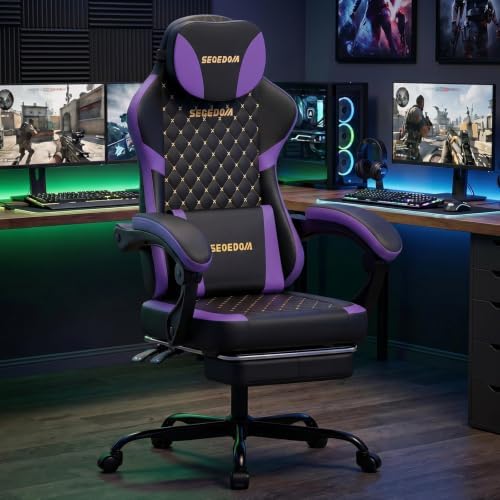 Ergonomic Gaming Chair with Footrest & Massage Lumbar Pillow, Height Adjustable 360° Swivel Computer Chair, Linked Armrest & Headrest for Office Gaming (Black Purple)