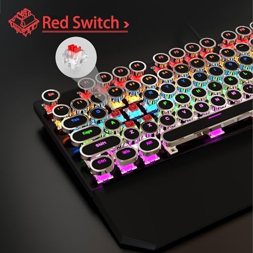 Typewriter Mechanical Gaming Keyboard and Mouse Combo, Retro Punk Round Keycaps RGB Rainbow Backlit Wired Keyboard for Game and Office, for Windows Laptop PC, Red Switches(Black)