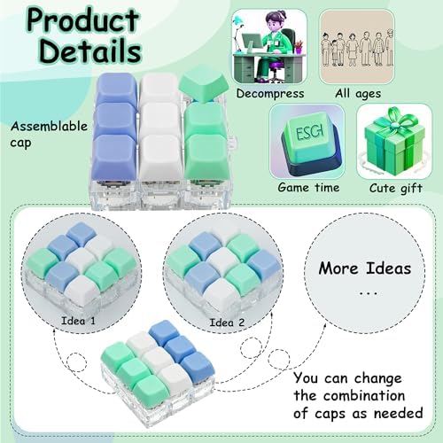 Keyboard Fidget Toy, Keyboard Fidget Keychain 9-in-1 Keyboard Decompression Button Finger Clicker Toys Stress Relief Fidget Gifts (3 Colors- Blue White Green)