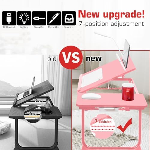 CloudTrip Plus XL Adjustable 17in Laptop Desk with Light, USB Port, iPad Holder, Drawer Storage - Larger 23.6IN Adjustable Lap Desk for Bed, Home Office, Breakfast Tray, Fordable Legs Desk (Pink)