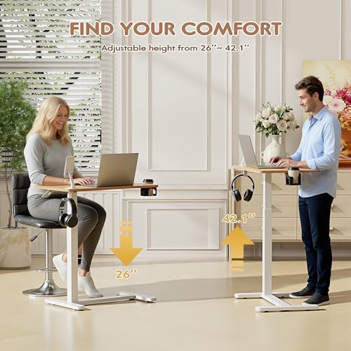 Furmax Mobile Standing Desk with Wheels, Pneumatic Adjustable Rolling Computer Desk Laptop Table for Bed, Couch (Maple, Small)