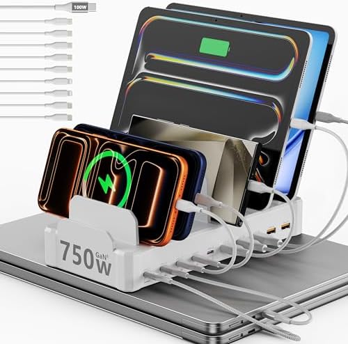 750W Charging Station for Multiple Devices, Zobirez 10-Port Fast Charger, 5 USB-C 120W Each and 5 USB-A 30W Each, Desktop Charging Hub for Laptop Phone Tablet, White